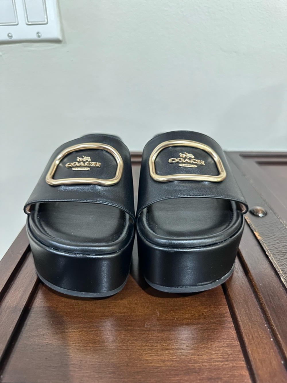 Coach Black Platform Slide Sandals with Gold Hardware